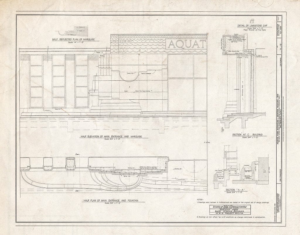 Blueprint 5. Main Entrance Elevation and Plan; Sections - Aquatic Park Bathhouse, 900 Beach Street, San Francisco, San Francisco County, CA