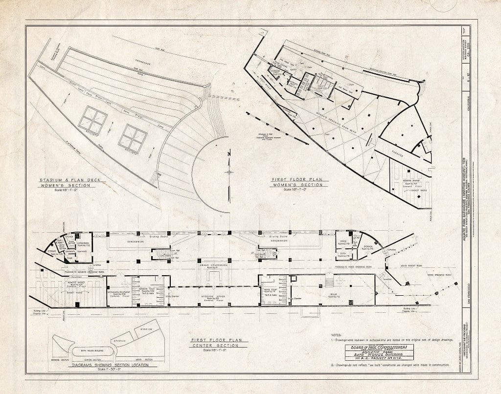 Blueprint 6. Women's section (first floor and deck plans); center section (first floor plan) - Aquatic Park Bathhouse, 900 Beach Street, San Francisco, San Francisco County, CA