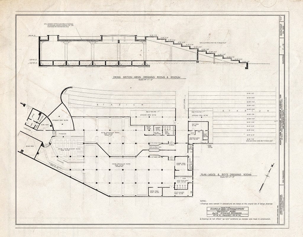 Blueprint 7. Men's Dressing Rooms (Plan and Cross Section) - Aquatic Park Bathhouse, 900 Beach Street, San Francisco, San Francisco County, CA