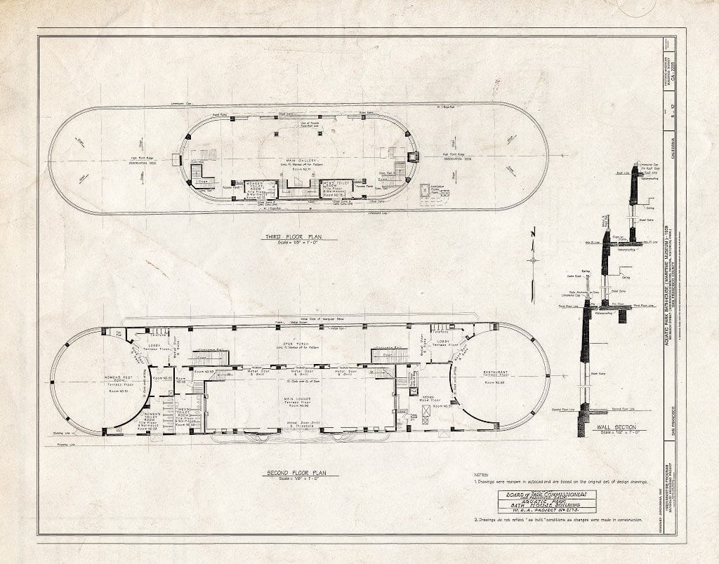 Blueprint 8. Second and Third Floor Plans; Wall Section - Aquatic Park Bathhouse, 900 Beach Street, San Francisco, San Francisco County, CA