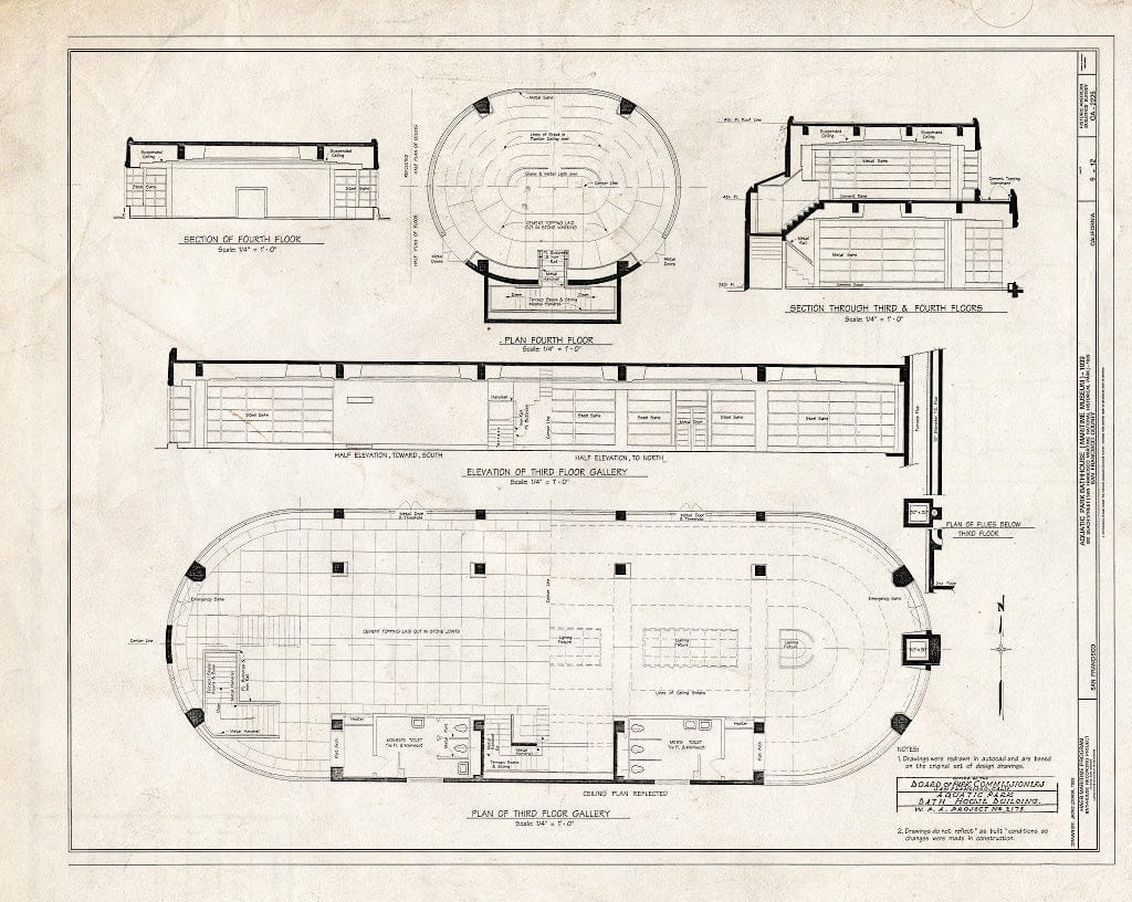 Blueprint 9. Fourth Floor (Plan and Sections); Third Floor Gallery (Plan and Elevation) - Aquatic Park Bathhouse, 900 Beach Street, San Francisco, San Francisco County, CA