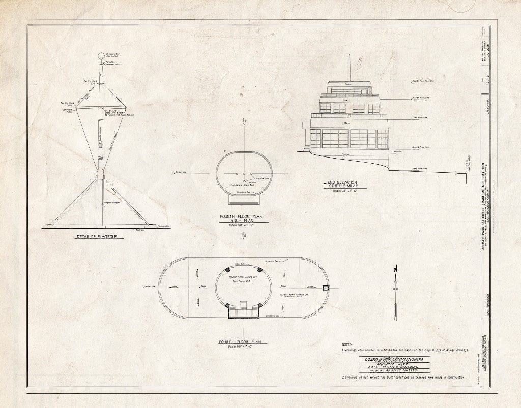 Blueprint 10. Fourth Floor and roof Plans; flagpole Detail; end Elevation - Aquatic Park Bathhouse, 900 Beach Street, San Francisco, San Francisco County, CA