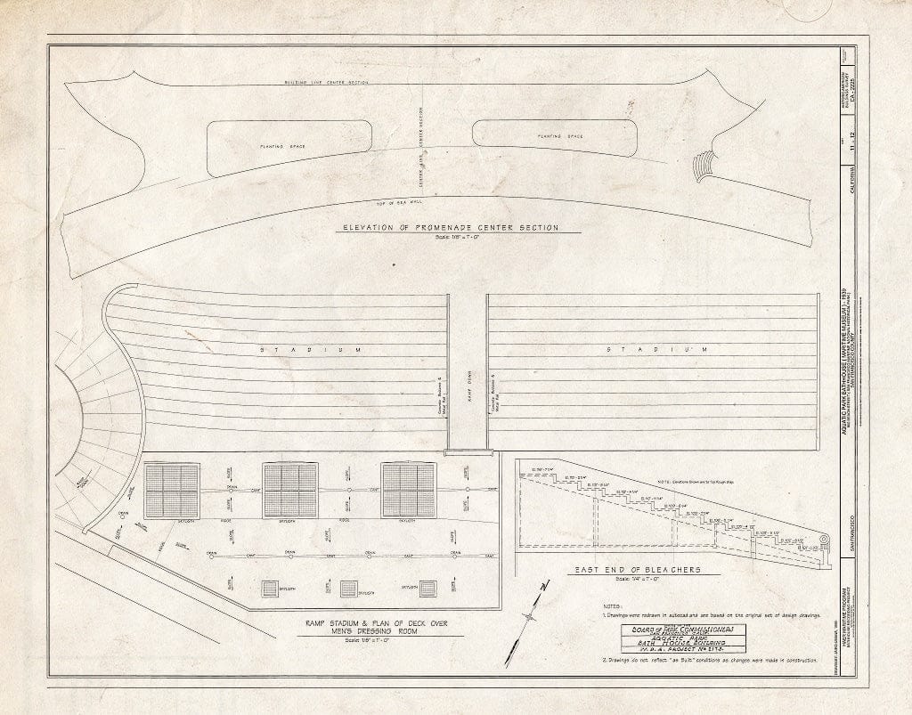 Blueprint 11. Ramp Stadium and Plan of Deck of Men's Dressing Room - Aquatic Park Bathhouse, 900 Beach Street, San Francisco, San Francisco County, CA