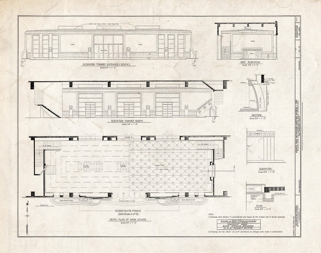 Blueprint 12. Main Lounge Plan, elevations, and Section - Aquatic Park Bathhouse, 900 Beach Street, San Francisco, San Francisco County, CA