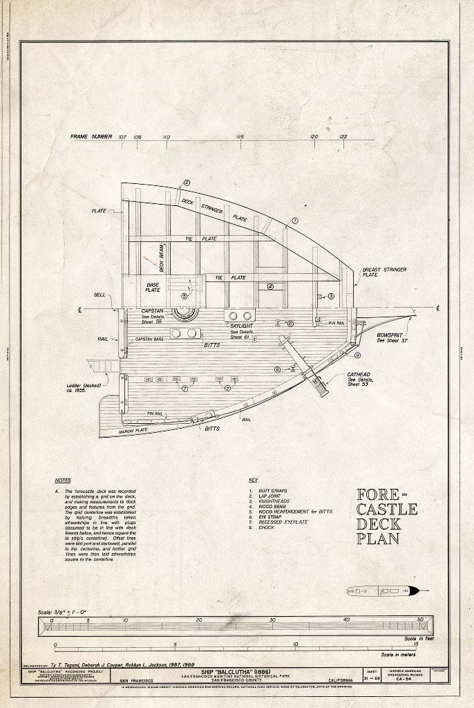 Blueprint Forecastle Deck Plan - Ship BALCLUTHA, 2905 Hyde Street Pier, San Francisco, San Francisco County, CA