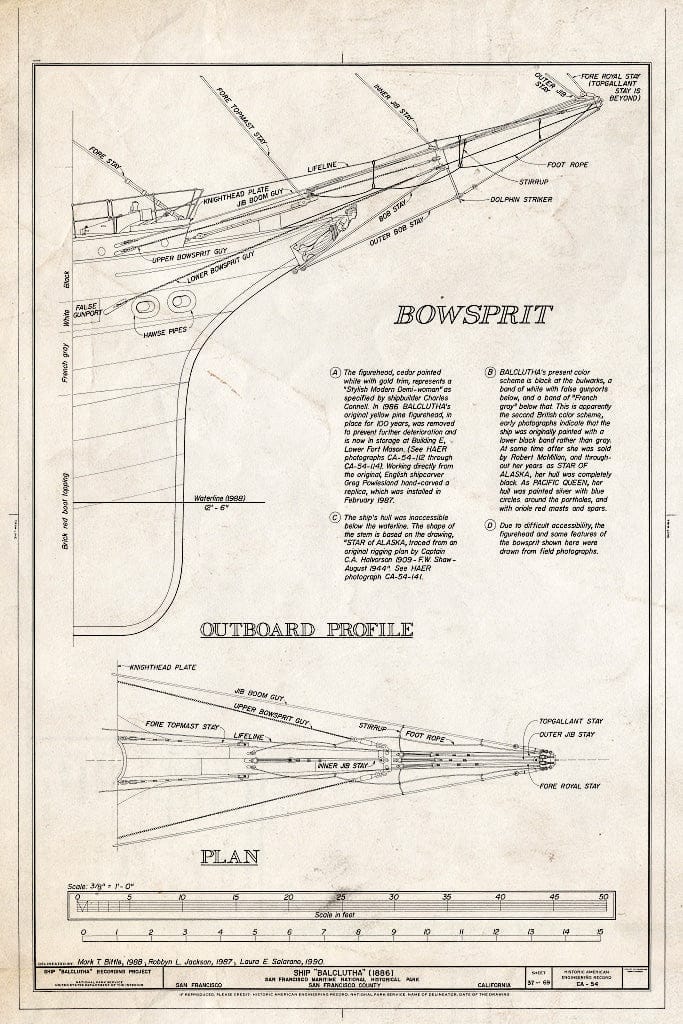 Blueprint Bowsprit: Outboard Profile, Plan - Ship BALCLUTHA, 2905 Hyde Street Pier, San Francisco, San Francisco County, CA