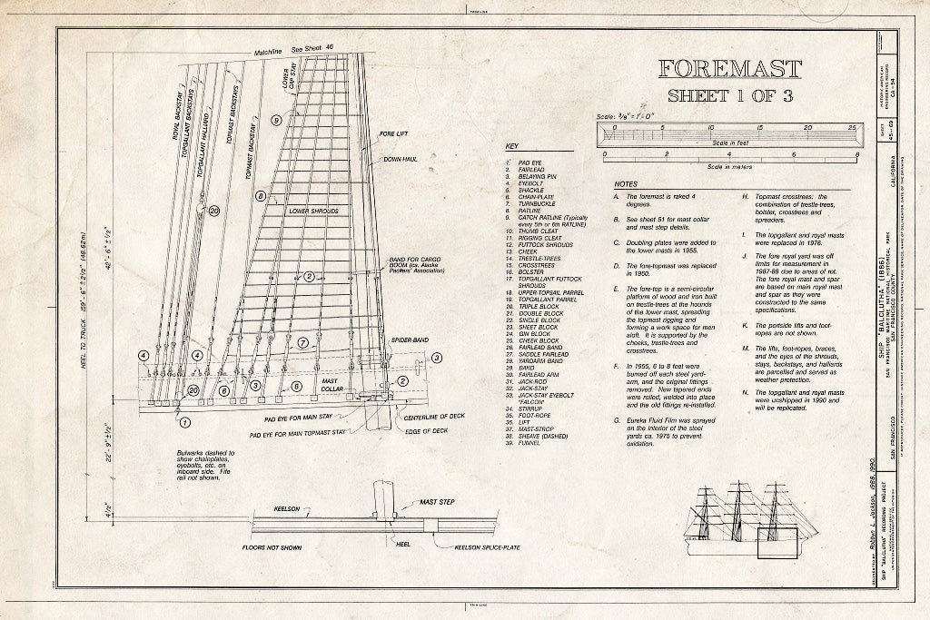 Blueprint Foremast, Sheet 1 of 3 - Ship BALCLUTHA, 2905 Hyde Street Pier, San Francisco, San Francisco County, CA