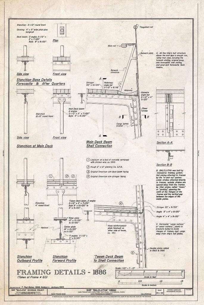 Blueprint Framing Details, 1886 - Ship BALCLUTHA, 2905 Hyde Street Pier, San Francisco, San Francisco County, CA