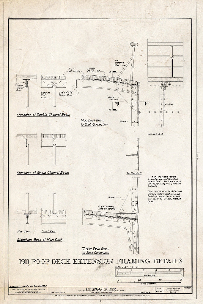 Blueprint 1911 Poop Deck Extension Framing Details - Ship BALCLUTHA, 2905 Hyde Street Pier, San Francisco, San Francisco County, CA