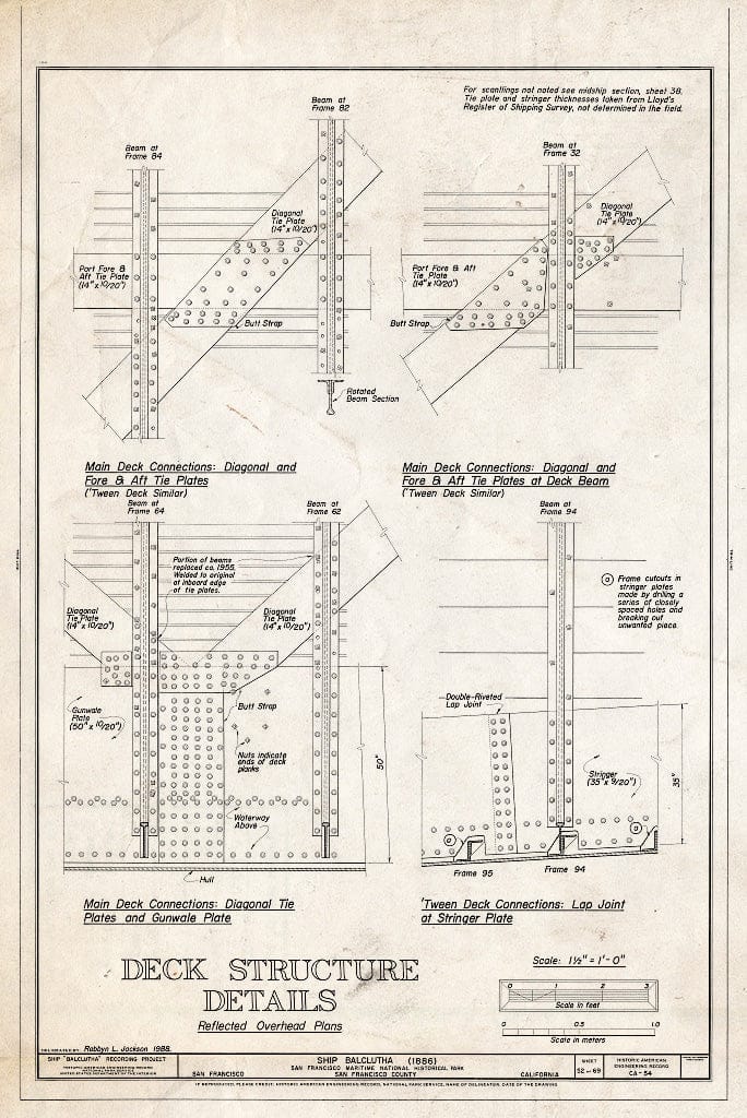 Blueprint Deck Structure Details - Ship BALCLUTHA, 2905 Hyde Street Pier, San Francisco, San Francisco County, CA