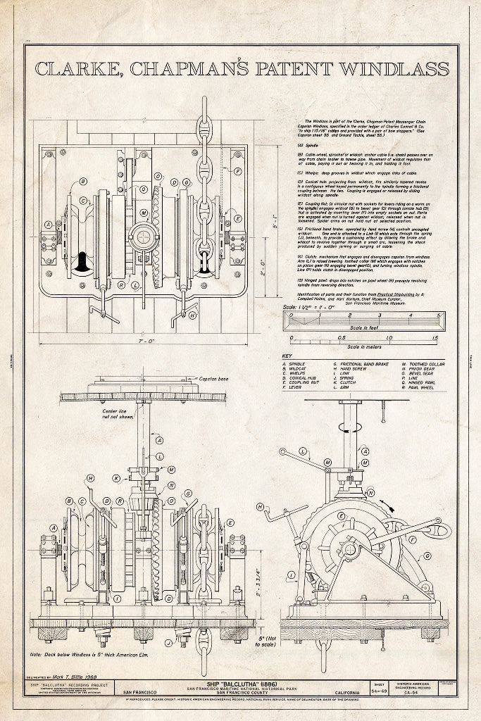 Blueprint Clarke, Chapman's Patent Windlass - Ship BALCLUTHA, 2905 Hyde Street Pier, San Francisco, San Francisco County, CA