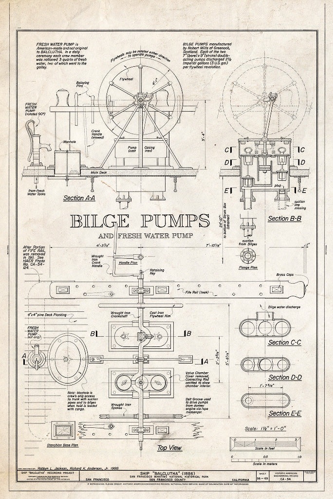 Blueprint Bilge Pumps and Fresh Water Pump - Ship BALCLUTHA, 2905 Hyde Street Pier, San Francisco, San Francisco County, CA