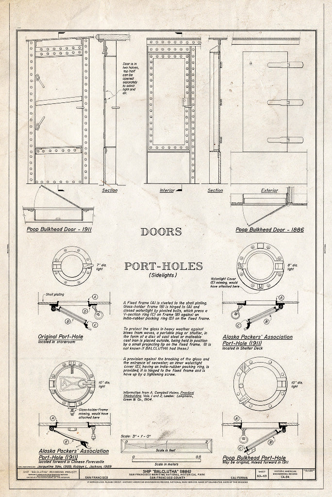 Blueprint Doors, Port-Holes - Ship BALCLUTHA, 2905 Hyde Street Pier, San Francisco, San Francisco County, CA