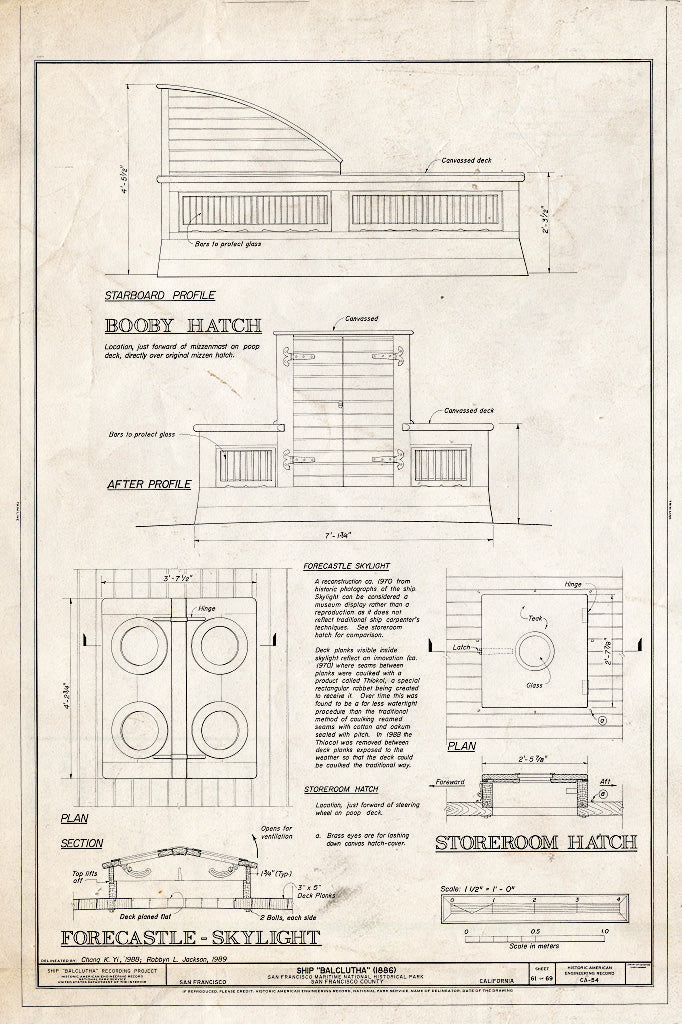 Blueprint Booby Hatch, Forecast Skylight, Storeroom Hatch - Ship BALCLUTHA, 2905 Hyde Street Pier, San Francisco, San Francisco County, CA