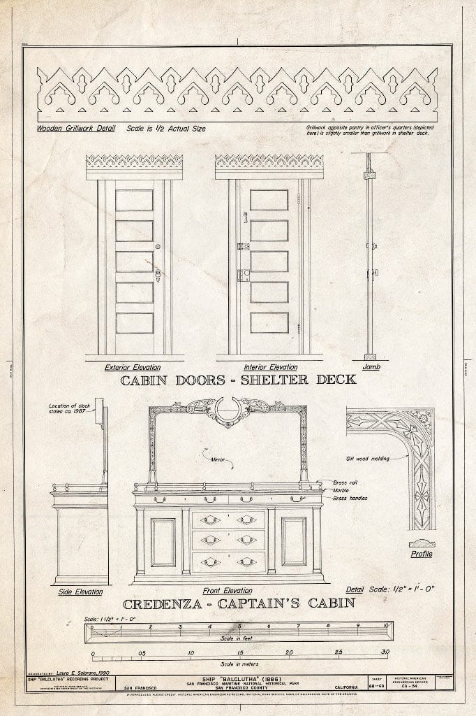 Blueprint Cabin Doors-Shelter Deck; Credenza-Captain's Cabin - Ship BALCLUTHA, 2905 Hyde Street Pier, San Francisco, San Francisco County, CA