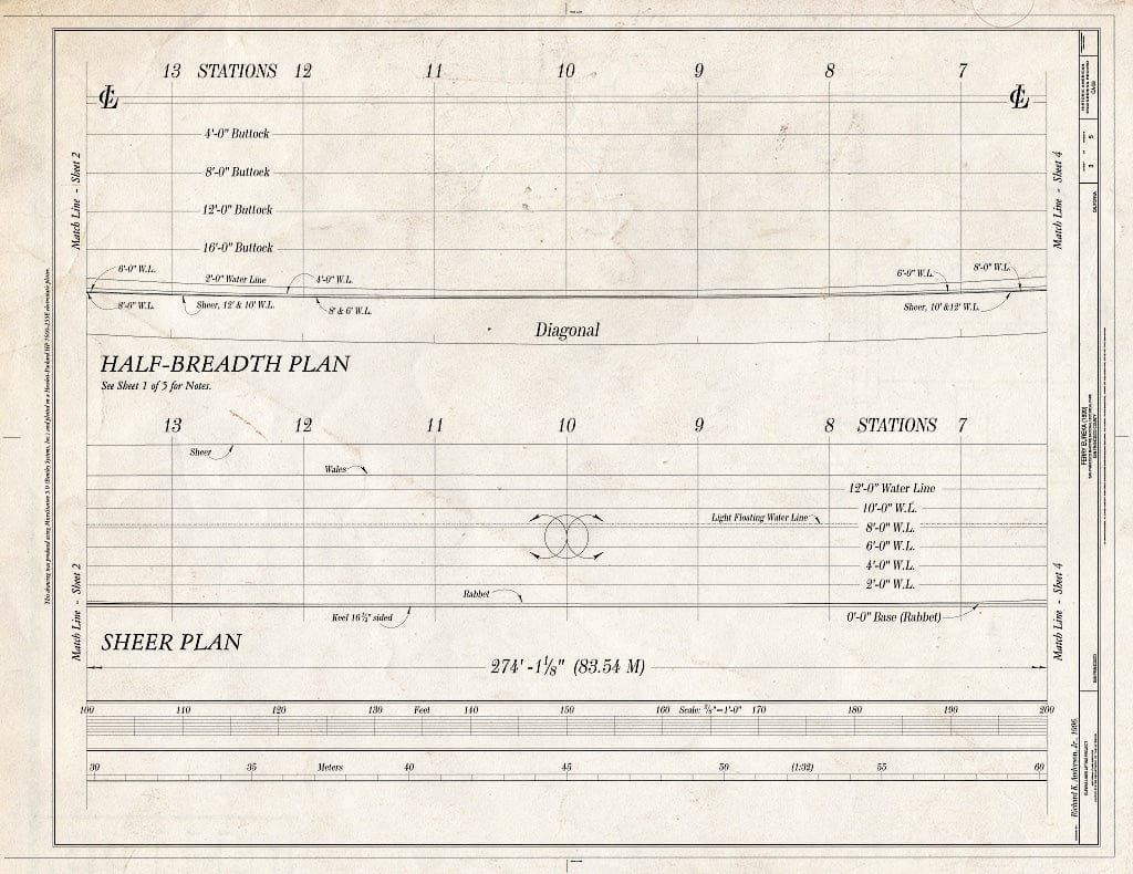 Blueprint Body Plan, Table of Hull Measurements, Hull Expansion Plan - Ferry Eureka, Hyde Street Pier, San Francisco, San Francisco County, CA