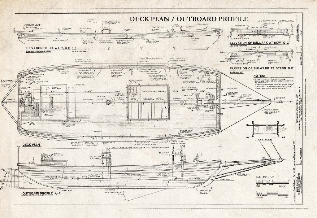 Blueprint Deck Plan/Outboard Profile - Scow Schooner ALMA, Hyde Street Pier, San Francisco, San Francisco County, CA