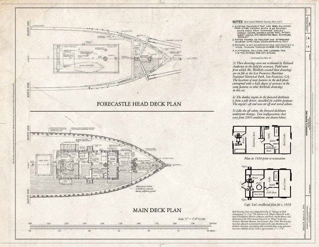 Blueprint Forecastle Head Deck Plan, Main Deck Plan - Schooner C.A. Thayer, Hyde Street Pier, San Francisco, San Francisco County, CA