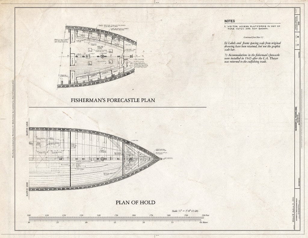 Blueprint Fisherman's Forecastle Plan, Plan of Hold - Schooner C.A. Thayer, Hyde Street Pier, San Francisco, San Francisco County, CA