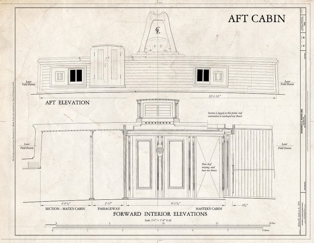 Blueprint AFT Cabin: AFT Elevation, AFT Forward Interior Elevations - Schooner C.A. Thayer, Hyde Street Pier, San Francisco, San Francisco County, CA