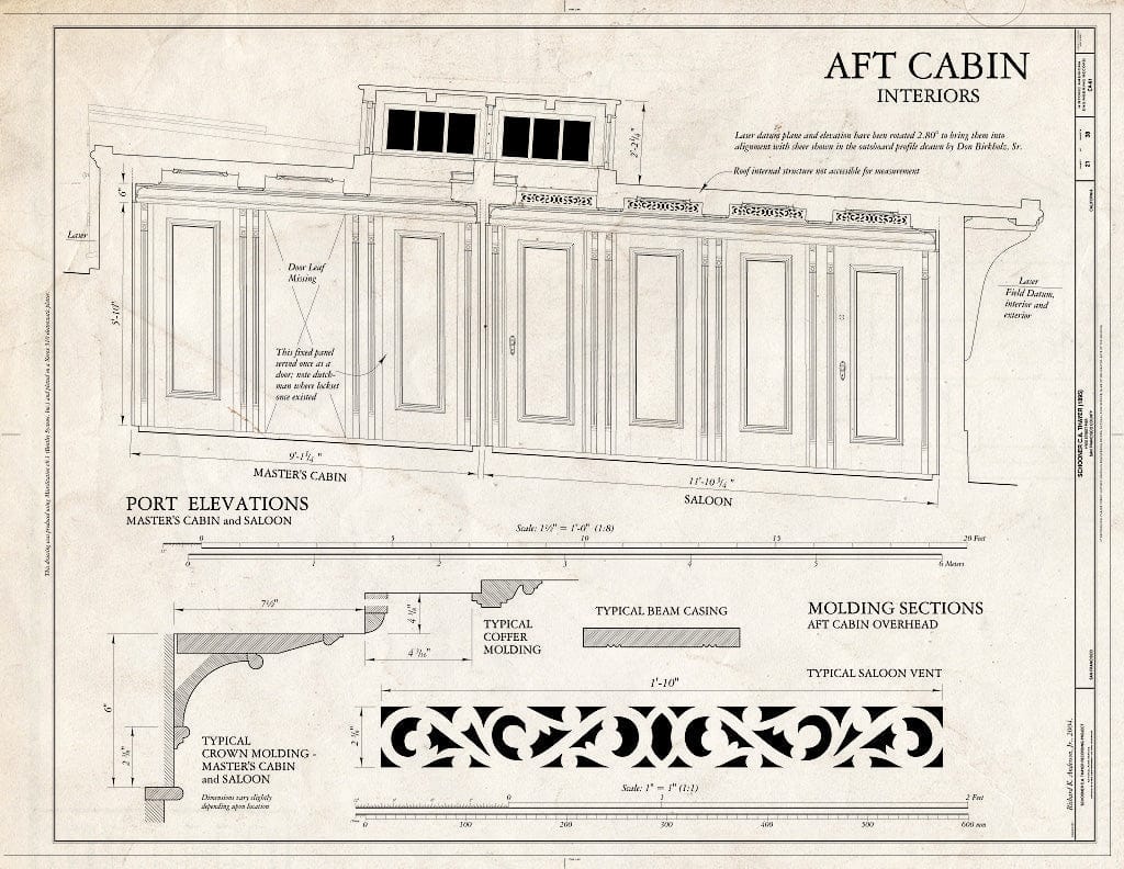 Blueprint AFT Cabin, Interiors: Port Elevations (Master's Cabin, Saloon) - Schooner C.A. Thayer, Hyde Street Pier, San Francisco, San Francisco County, CA