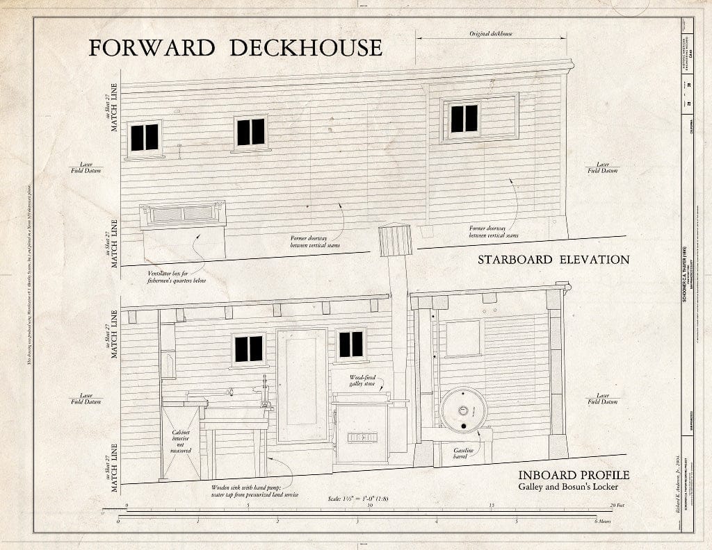 Blueprint Forward Deckhouse: Starboard Elevation, Inboard Profile (Galley and Bosun's Locker) - Schooner C.A. THAYER, Hyde Street Pier, San Francisco, San Francisco County, CA