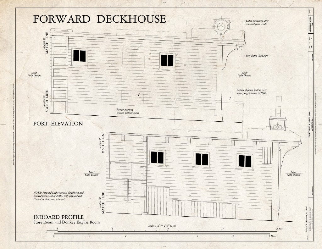 Blueprint Forward Deckhouse: Port Elevation, Inboard Profile (Store Room and Donkey Engine Room) - Schooner C.A. THAYER, Hyde Street Pier, San Francisco, San Francisco County, CA