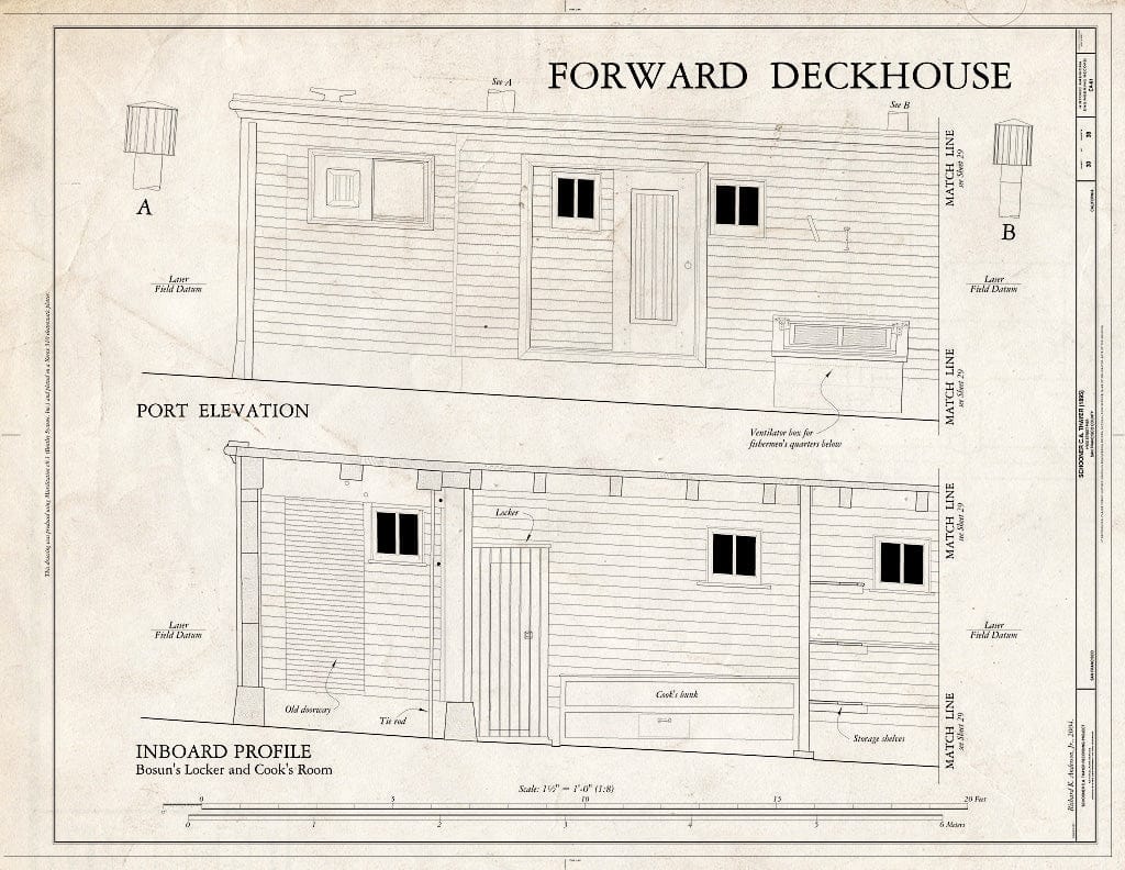 Blueprint Forward Deckhouse: Port Elevation, Inboard Profile (Bosun's Locker, Cook's Room) - Schooner C.A. Thayer, Hyde Street Pier, San Francisco, San Francisco County, CA