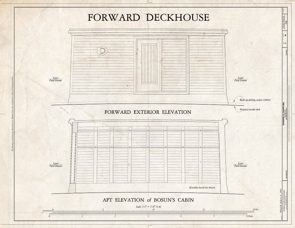 Blueprint Forward Deckhouse: Forward Exterior Elevation, AFT Elevation of Bosun's Cabin - Schooner C.A. Thayer, Hyde Street Pier, San Francisco, San Francisco County, CA