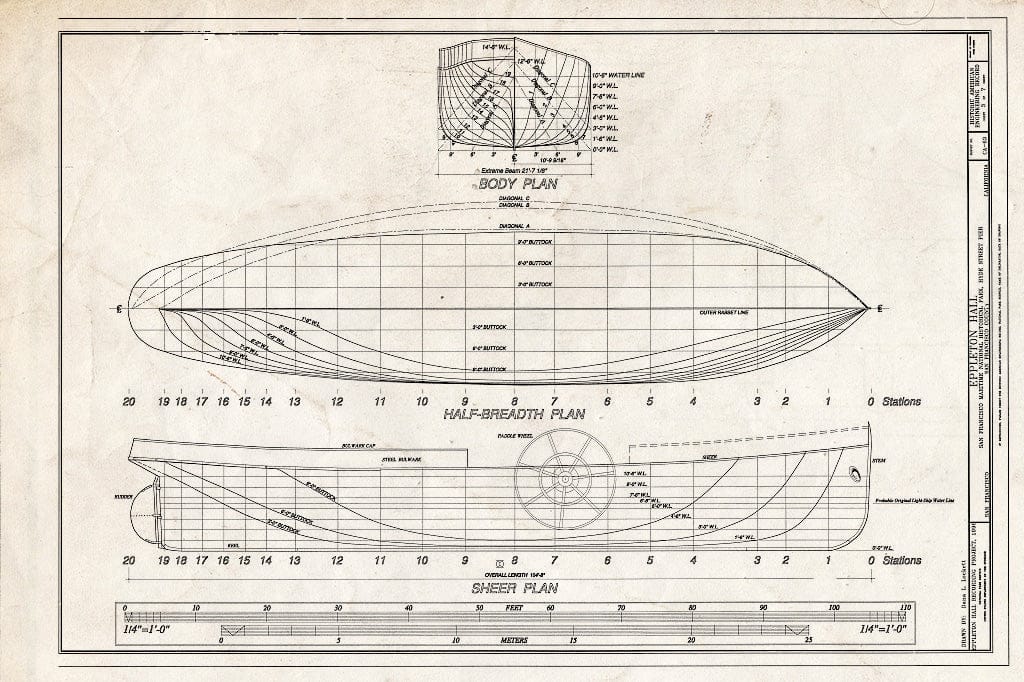 Blueprint Body Plan, Half-Breadth Plan, Sheer Plan - Steam Tug EPPLETON Hall, Hyde Street Pier, San Francisco, San Francisco County, CA