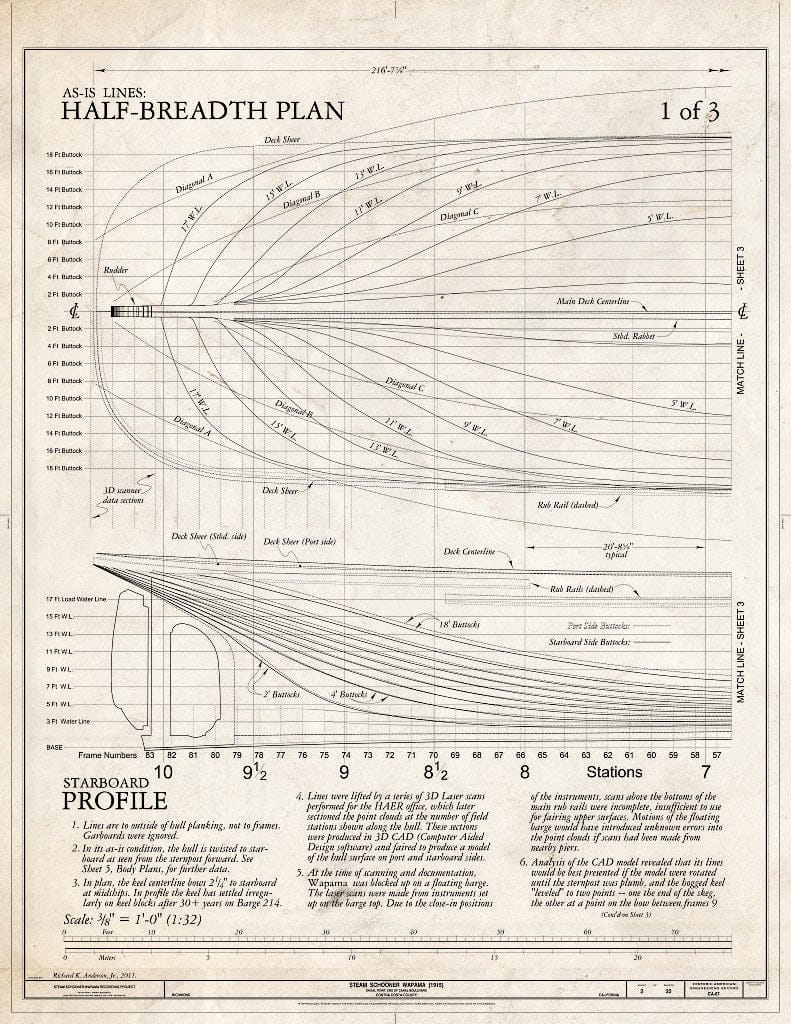 Blueprint As-is Lines: Half-Breadth Plan, Starboard Profile, 1 of 3 - Steam Schooner WAPAMA, Kaiser Shipyard No. 3 (Shoal Point), Richmond, Contra Costa County, CA