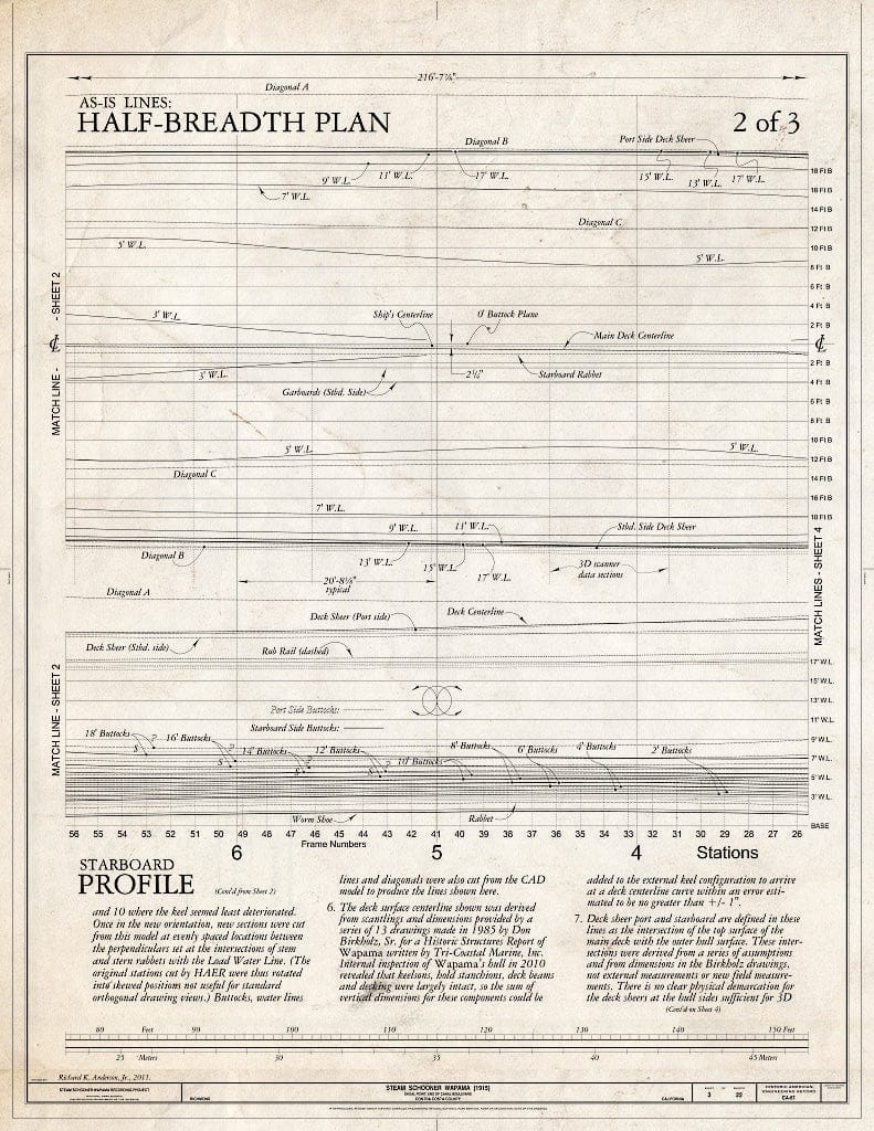 Blueprint As-is Lines: Half-Breadth Plan, Starboard Profile, 2 of 3 - Steam Schooner WAPAMA, Kaiser Shipyard No. 3 (Shoal Point), Richmond, Contra Costa County, CA