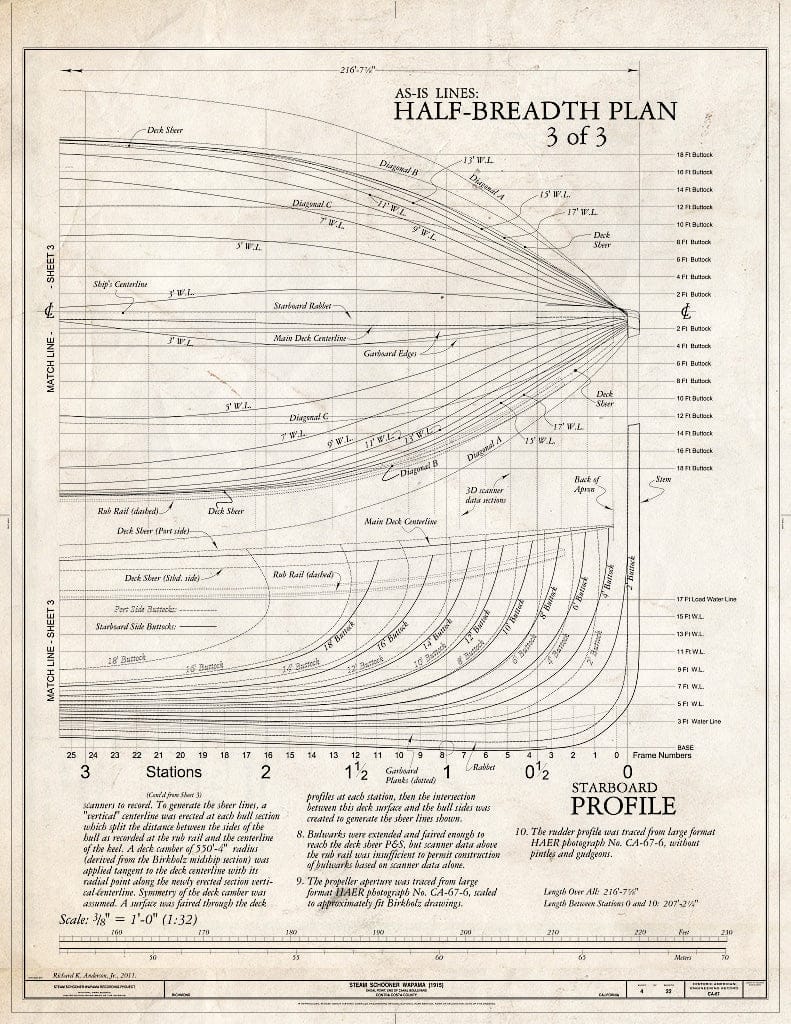 Blueprint As-is Lines: Half-Breadth Plan, Starboard Profile, 3 of 3 - Steam Schooner WAPAMA, Kaiser Shipyard No. 3 (Shoal Point), Richmond, Contra Costa County, CA