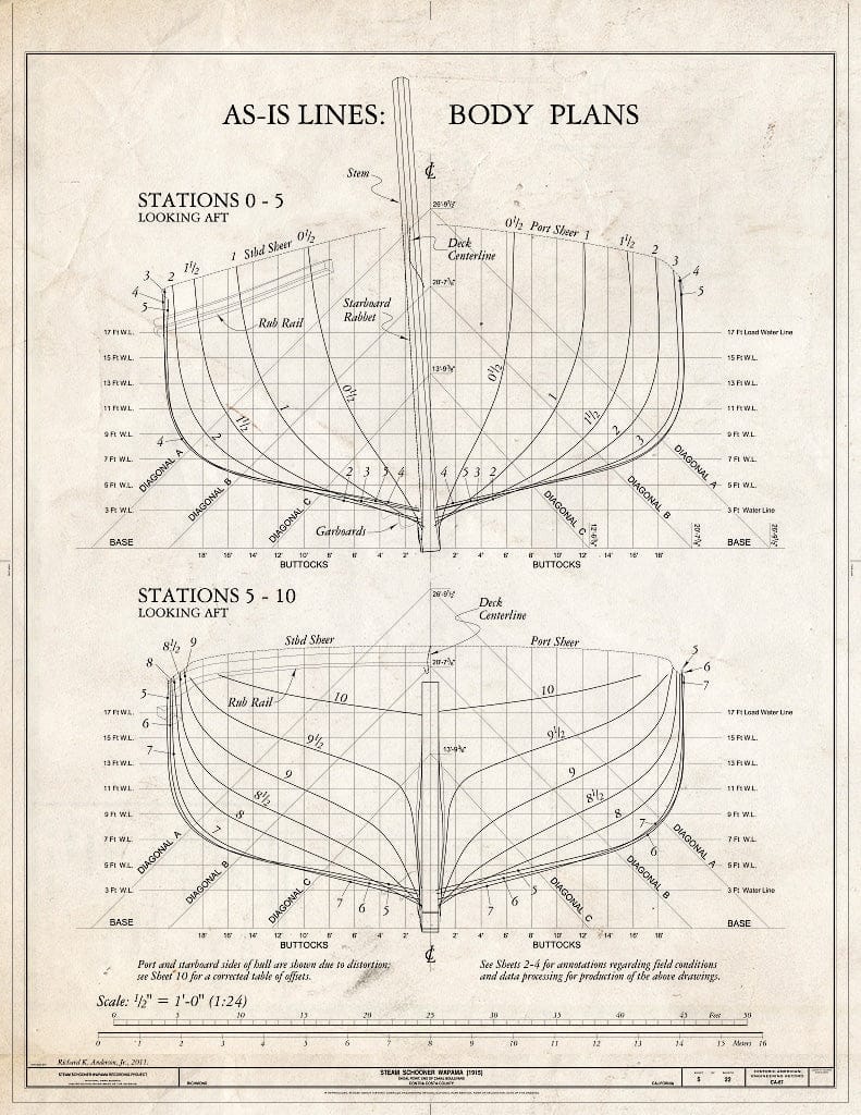 Blueprint As-Is Lines: Body Plans, Stations 0-5 and Stations 5-10, Looking Aft - Steam Schooner WAPAMA, Kaiser Shipyard No. 3 (Shoal Point), Richmond, Contra Costa County, CA