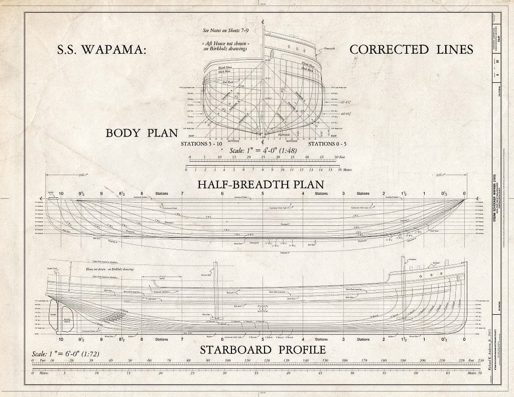 Blueprint Corrected Lines: Body Plan, Half-Breadth Plan, Starboard Profile, 1 of 3 - Steam Schooner WAPAMA, Kaiser Shipyard No. 3 (Shoal Point), Richmond, Contra Costa County, CA