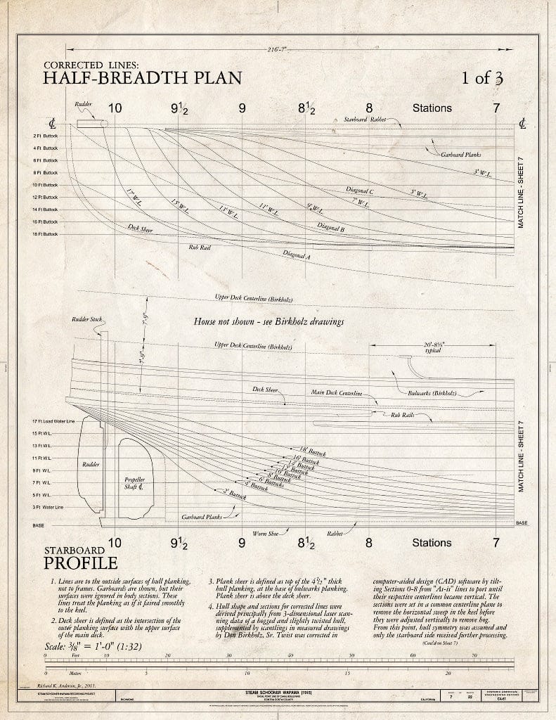 Blueprint Corrected Lines: Half-Breadth Plan, Starboard Profile, 2 of 3 - Steam Schooner WAPAMA, Kaiser Shipyard No. 3 (Shoal Point), Richmond, Contra Costa County, CA