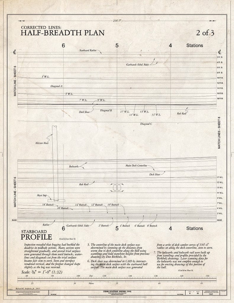 Blueprint Corrected Lines: Half-Breadth Plan, Starboard Profile, 3 of 3 - Steam Schooner WAPAMA, Kaiser Shipyard No. 3 (Shoal Point), Richmond, Contra Costa County, CA