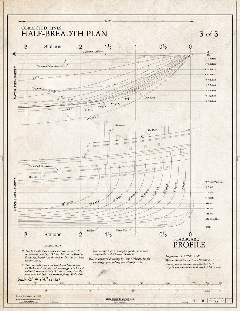 Blueprint Corrected Lines: Body Plan, Stations - Steam Schooner WAPAMA, Kaiser Shipyard No. 3 (Shoal Point), Richmond, Contra Costa County, CA