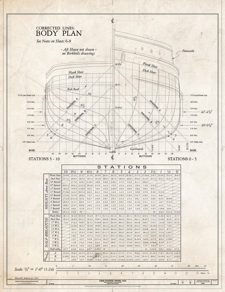 Blueprint Forebody Construction (Frames 0-29) - Steam Schooner WAPAMA, Kaiser Shipyard No. 3 (Shoal Point), Richmond, Contra Costa County, CA