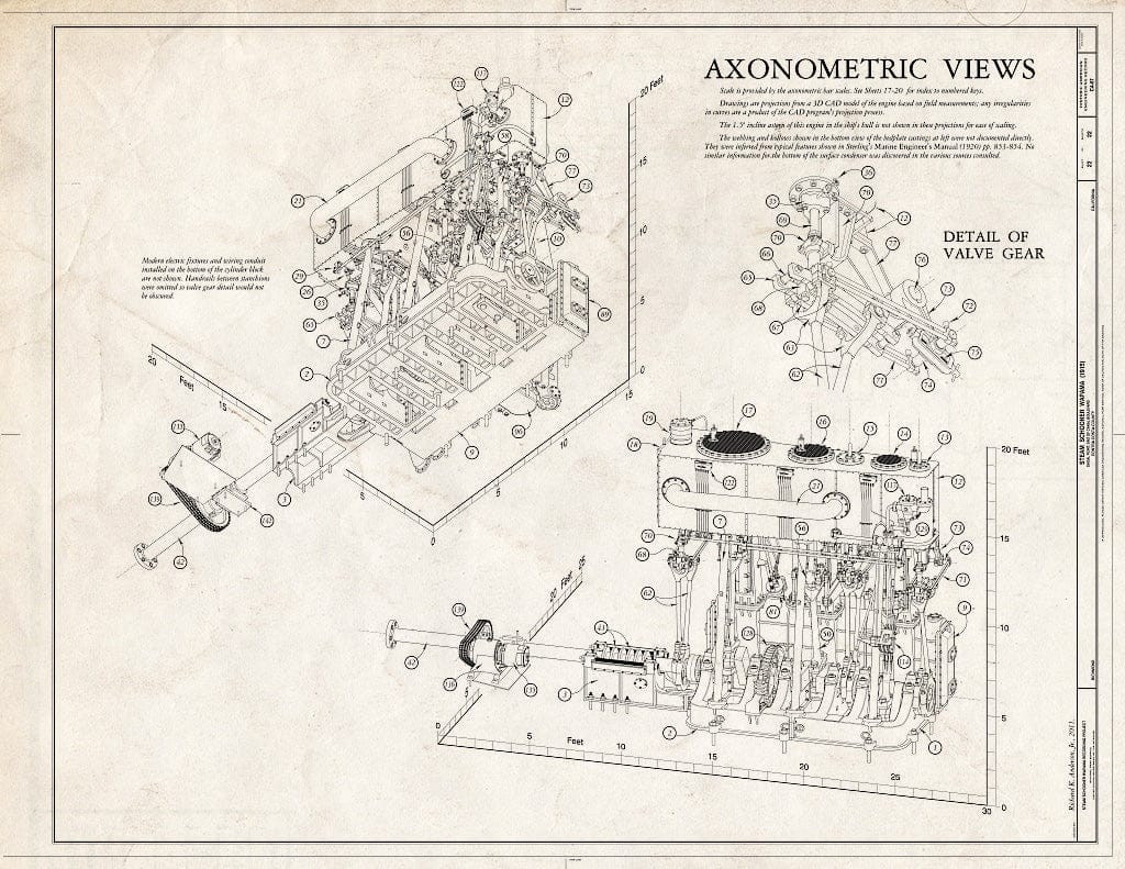 Blueprint Axonometric Views; Detail of Valve Gear - Steam Schooner WAPAMA, Kaiser Shipyard No. 3 (Shoal Point), Richmond, Contra Costa County, CA