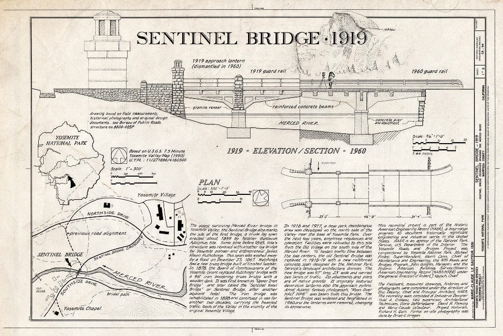 Blueprint Elevation/Section - Sentinel Bridge, Spanning Merced River on Sentinel Bridge Crossover Road, Yosemite Village, Mariposa County, CA