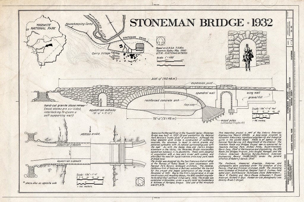 Blueprint Elevation, Section, Plan - Stoneman Bridge, Spanning Merced River on Stoneman Crossover Road, Yosemite Village, Mariposa County, CA