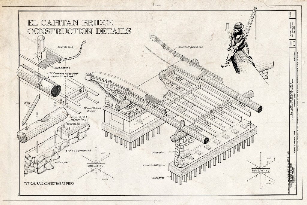 Blueprint Construction Details - El Capitan Bridge, Spanning Merced River on El Capitan Crossover Road, Yosemite Village, Mariposa County, CA