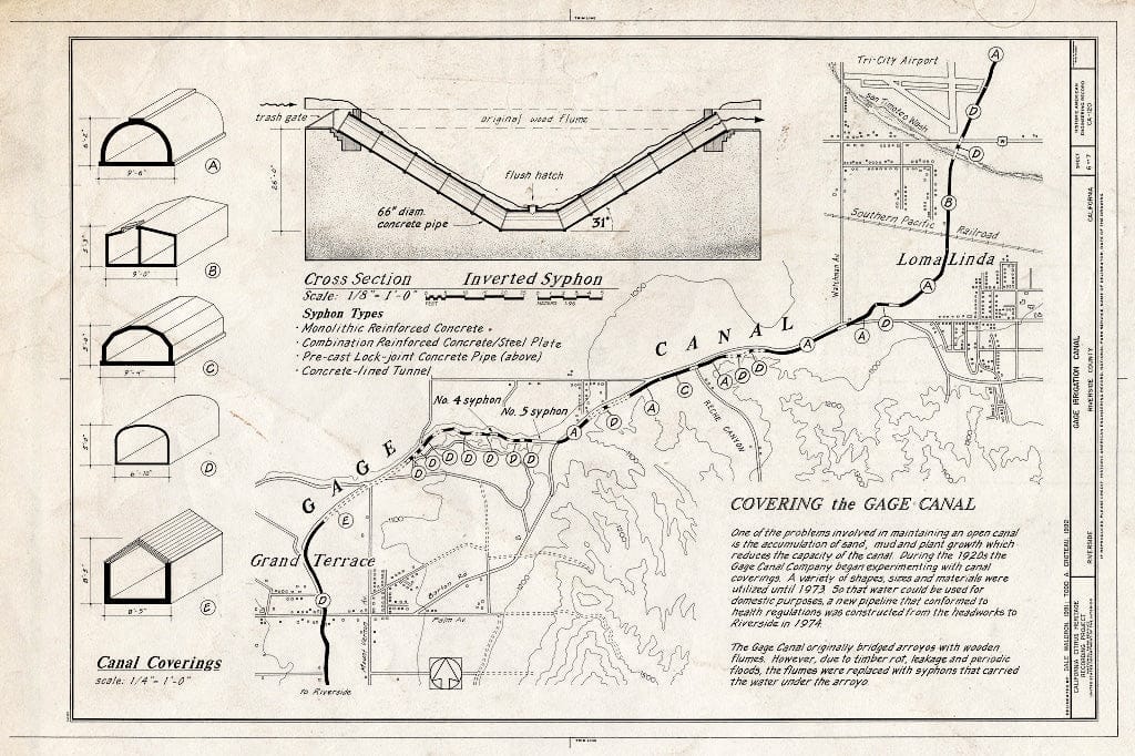 Blueprint Covering The Gage Canal - Gage Irrigation Canal, Running from Santa Ana River to Arlington Heights, Riverside, Riverside County, CA