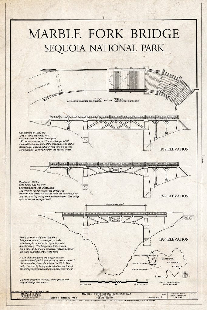 Blueprint Elevations and Plan - Marble Fork Bridge, Spanning Marble Fork of Kaweah River on Crystal Cave Road, Three Rivers, Tulare County, CA