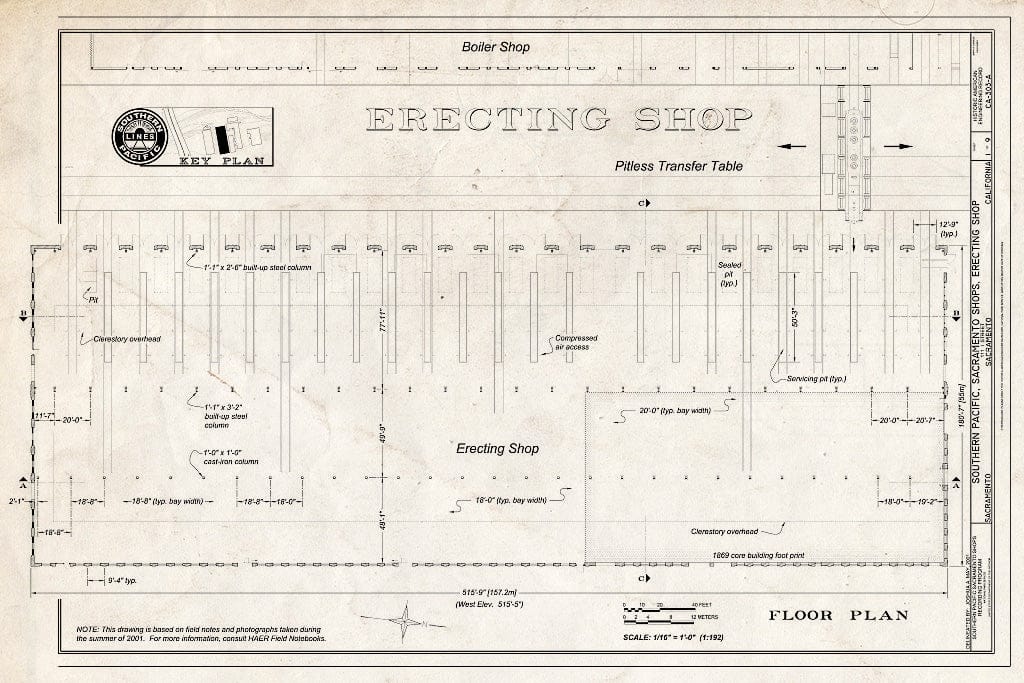 Blueprint Erecting Shop Floor Plan - Southern Pacific, Sacramento Shops, Erecting Shop, 111 I Street, Sacramento, Sacramento County, CA