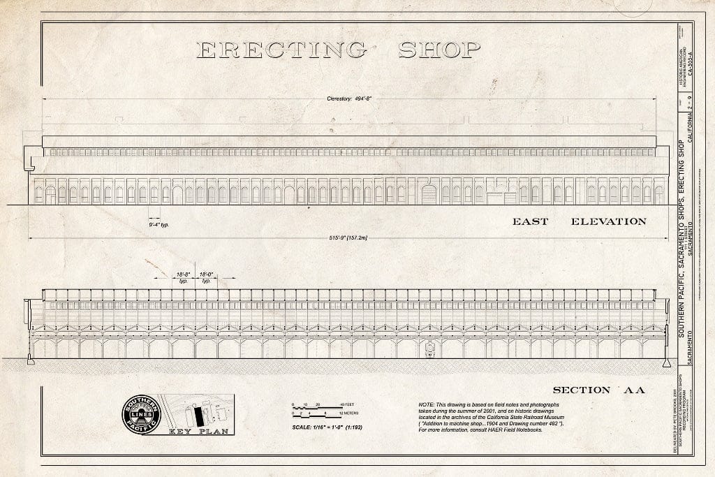 Blueprint Erecting Shop East Elevation and Section AA - Southern Pacific, Sacramento Shops, Erecting Shop, 111 I Street, Sacramento, Sacramento County, CA