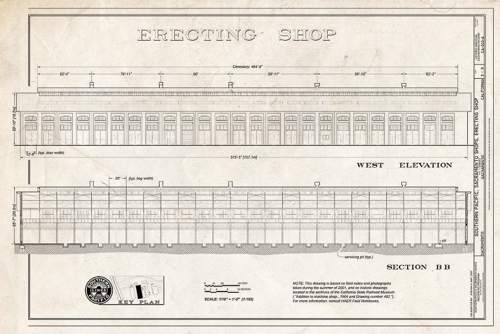 Blueprint Erecting Shop West Elevation and Section BB - Southern Pacific, Sacramento Shops, Erecting Shop, 111 I Street, Sacramento, Sacramento County, CA