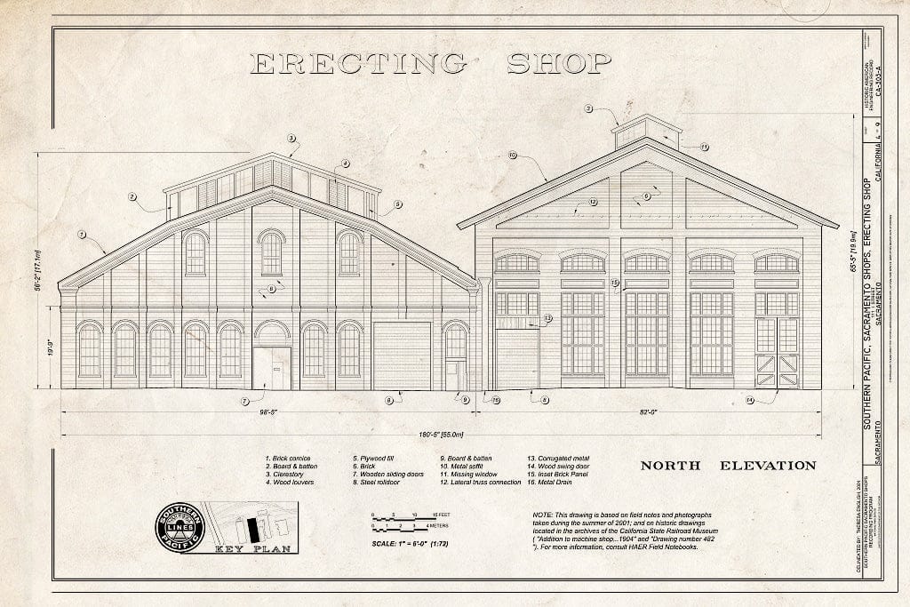 Blueprint Erecting Shop North Elevation - Southern Pacific, Sacramento Shops, Erecting Shop, 111 I Street, Sacramento, Sacramento County, CA