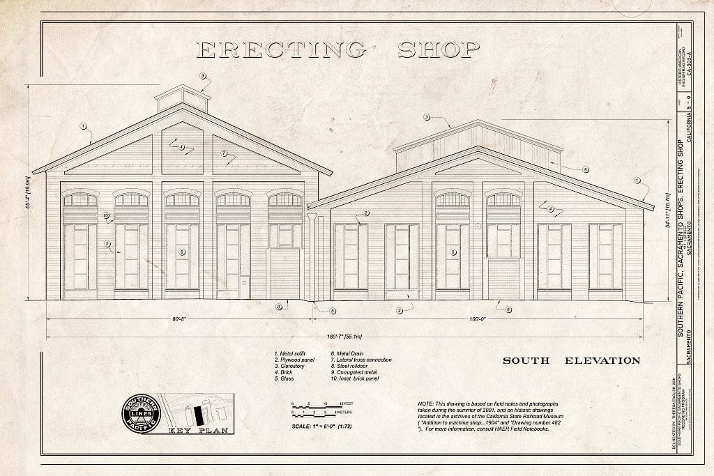 Blueprint Erecting Shop South Elevation - Southern Pacific, Sacramento Shops, Erecting Shop, 111 I Street, Sacramento, Sacramento County, CA